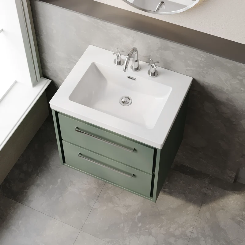 Lille 600mm Wall Hung 2 Drawer Vanity Unit & Modern Fireclay Basin With 3 Tap Holes - Fern Green Matt