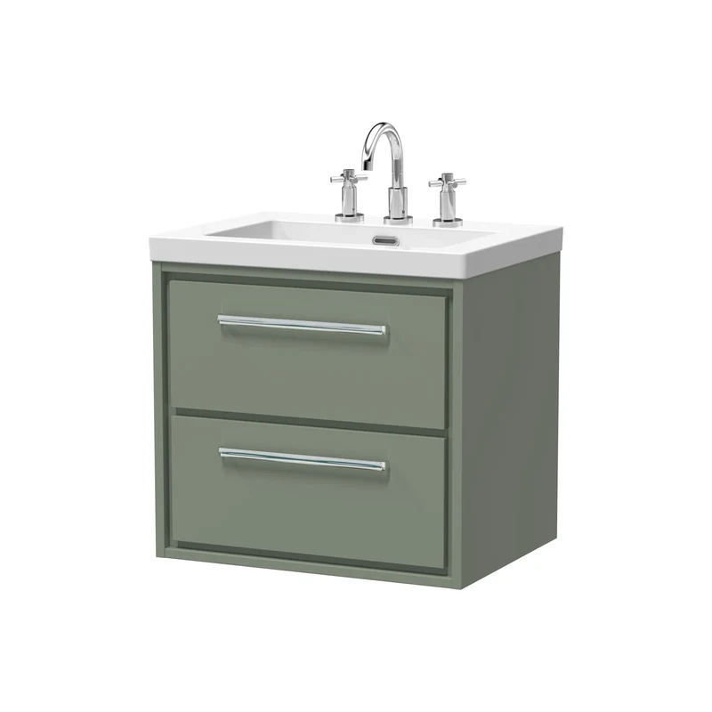 Lille 600mm Wall Hung 2 Drawer Vanity Unit & Modern Fireclay Basin With 3 Tap Holes - Fern Green Matt