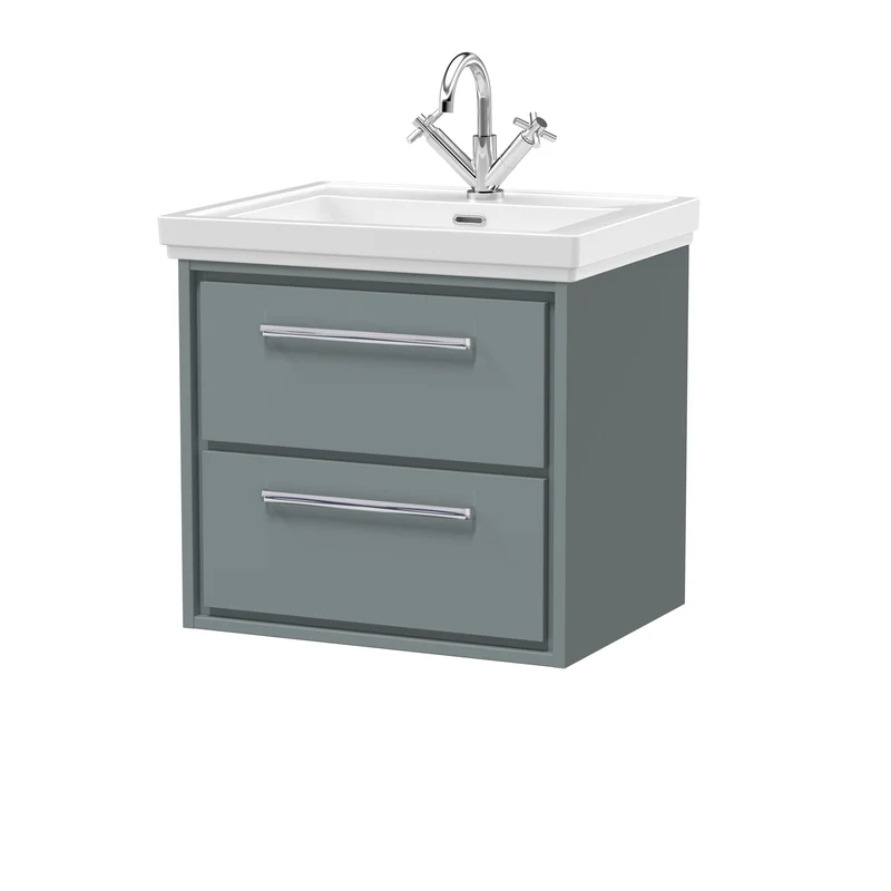Lille 600mm Wall Hung 2 Drawer Vanity Unit & Traditional Fireclay Basin With 1 Tap Hole - Coastal Grey Matt