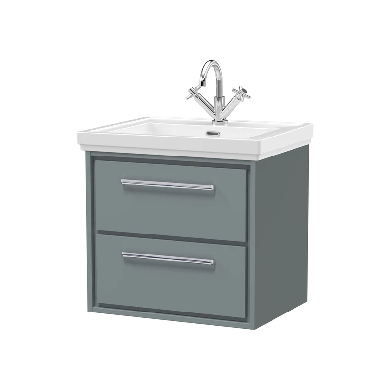 Lille 600mm Wall Hung 2 Drawer Vanity Unit & Traditional Fireclay Basin With 1 Tap Hole - Coastal Grey Matt