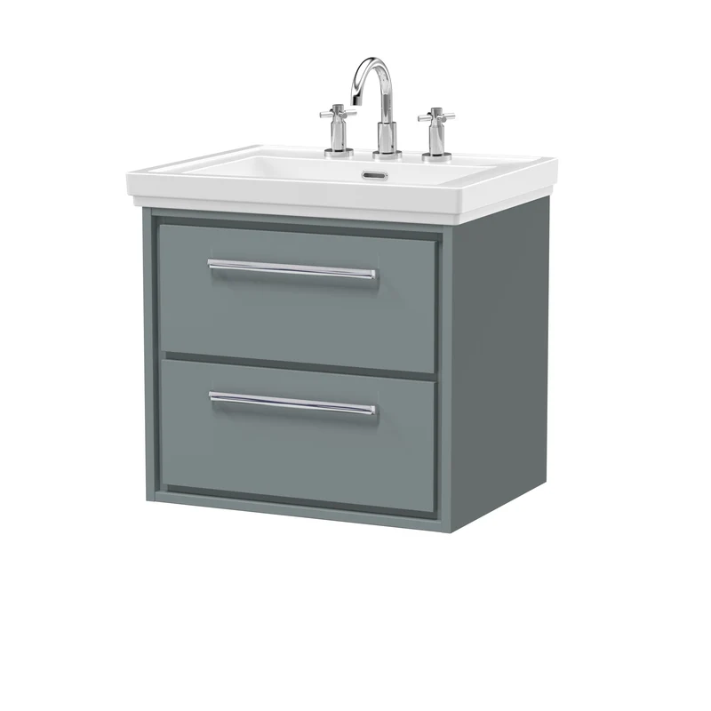Lille 600mm Wall Hung 2 Drawer Vanity Unit & Traditional Fireclay Basin With 3 Tap Holes - Coastal Grey Matt