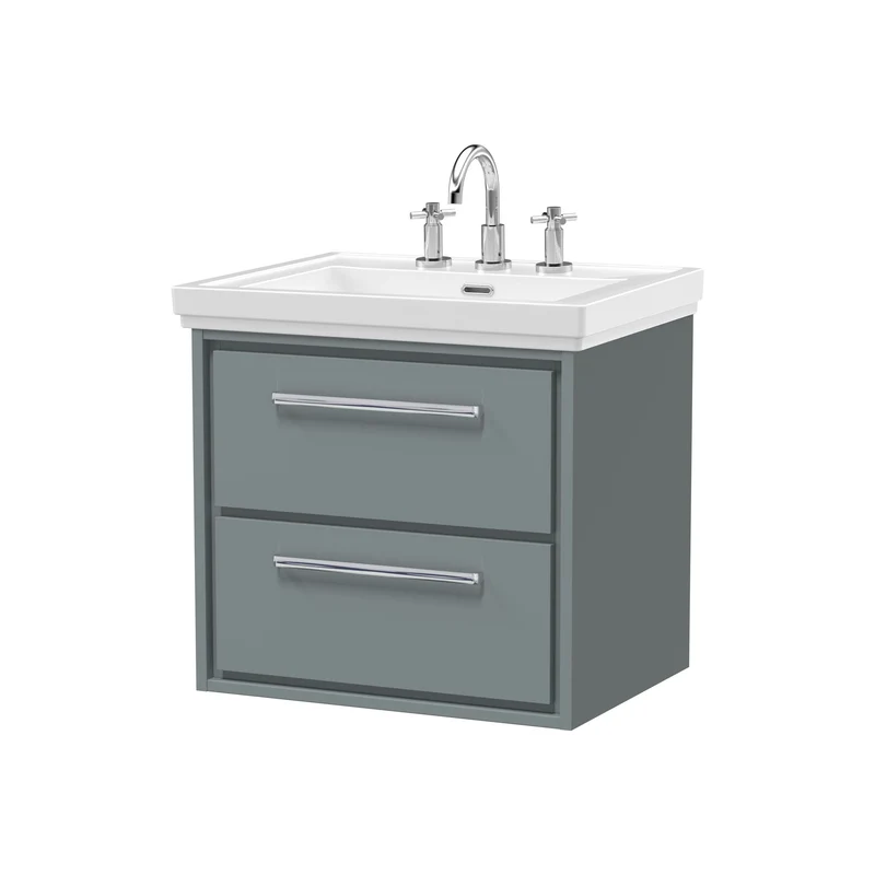 Lille 600mm Wall Hung 2 Drawer Vanity Unit & Traditional Fireclay Basin With 3 Tap Holes - Coastal Grey Matt