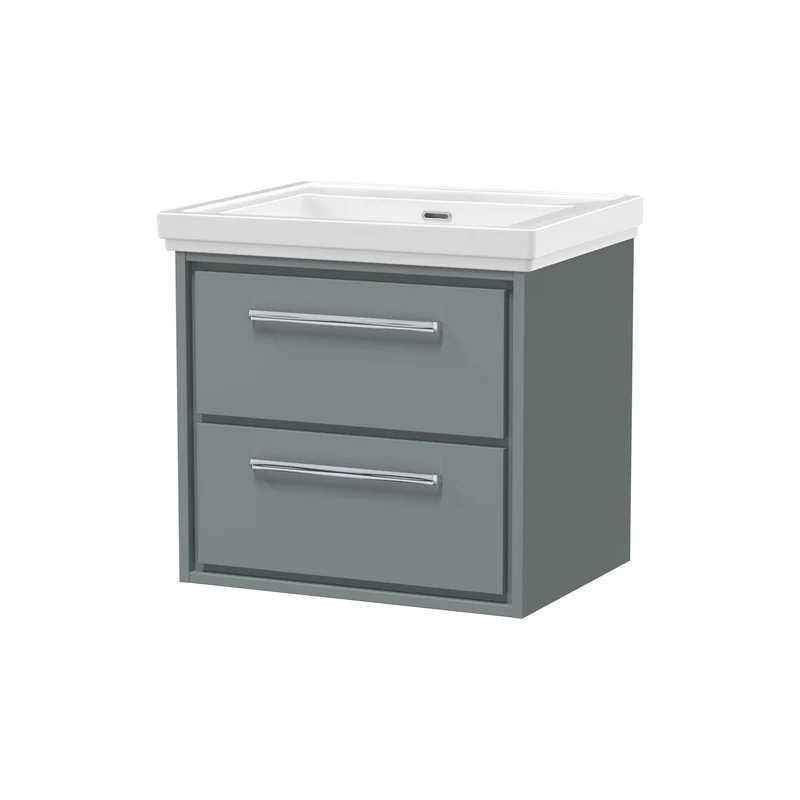 Lille 600mm Wall Hung 2 Drawer Vanity Unit & Traditional Fireclay Basin With No Tap Holes - Coastal Grey Matt
