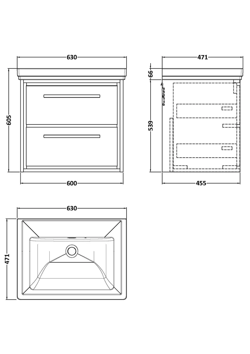 Lille 600mm Wall Hung 2 Drawer Vanity Unit & Traditional Fireclay Basin With No Tap Holes - Coastal Grey Matt