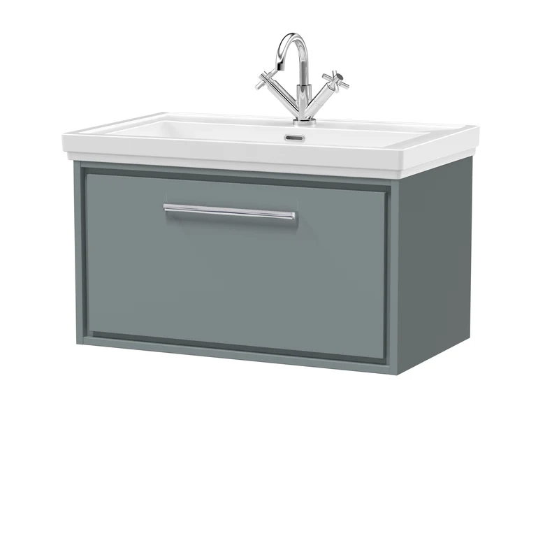 Lille 800mm Wall Hung 1 Drawer Vanity Unit & Traditional Fireclay Basin With 1 Tap Hole - Coastal Grey Matt