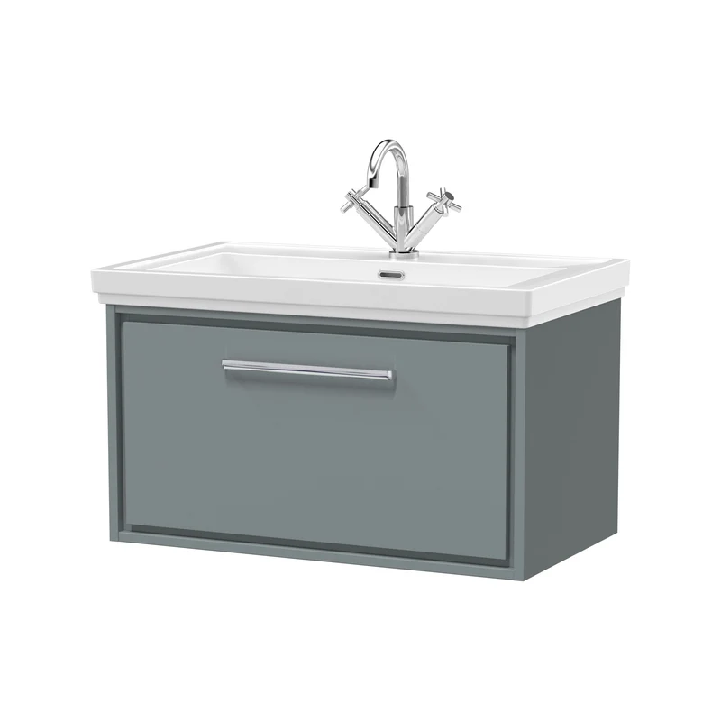 Lille 800mm Wall Hung 1 Drawer Vanity Unit & Traditional Fireclay Basin With 1 Tap Hole - Coastal Grey Matt