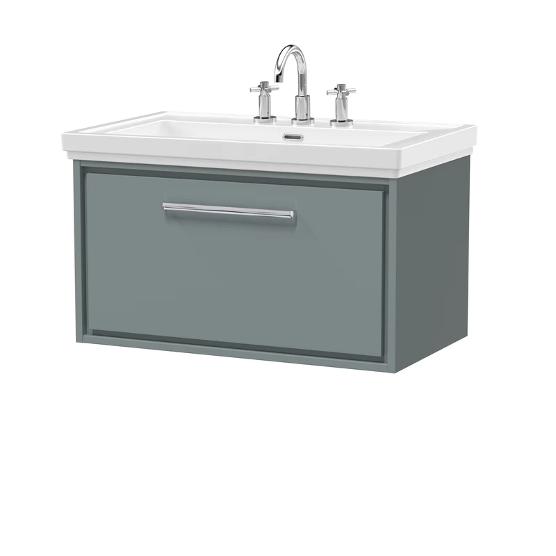 Lille 800mm Wall Hung 1 Drawer Vanity Unit & Traditional Fireclay Basin With 3 Tap Holes - Coastal Grey Matt