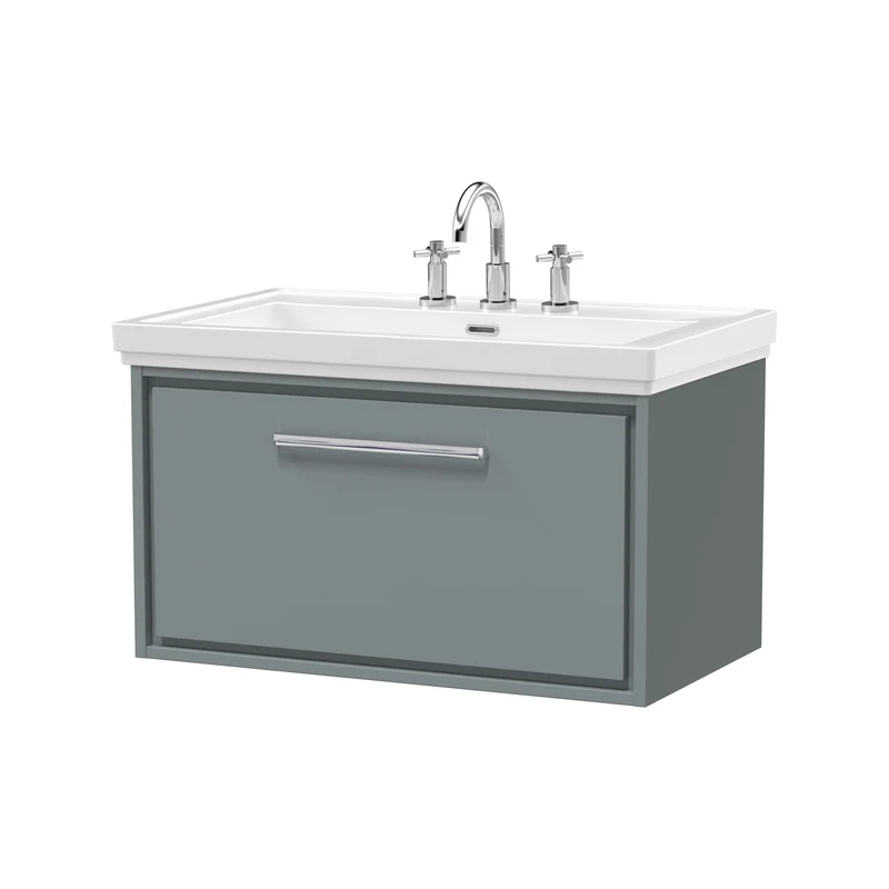 Lille 800mm Wall Hung 1 Drawer Vanity Unit & Traditional Fireclay Basin With 3 Tap Holes - Coastal Grey Matt