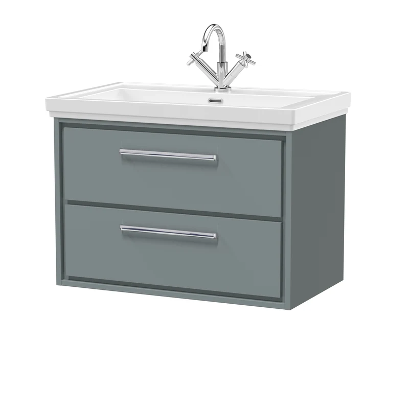 Lille 800mm Wall Hung 2 Drawer Vanity Unit & Traditional Fireclay Basin With 1 Tap Hole - Coastal Grey Matt
