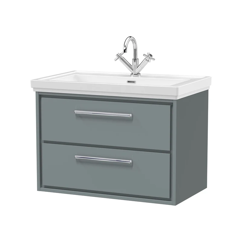 Lille 800mm Wall Hung 2 Drawer Vanity Unit & Traditional Fireclay Basin With 1 Tap Hole - Coastal Grey Matt