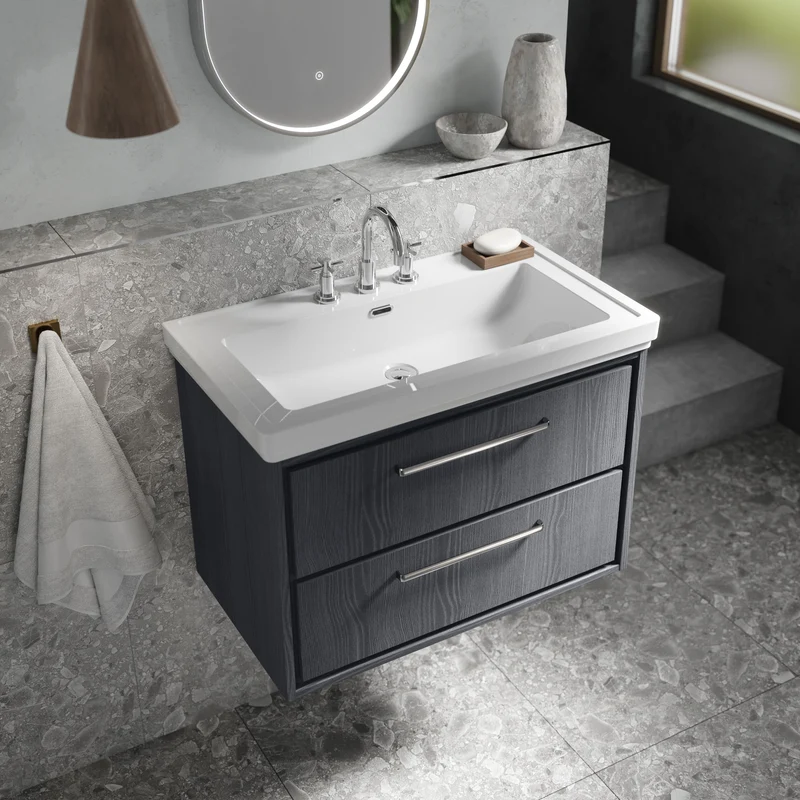 Lille 800mm Wall Hung 2 Drawer Vanity Unit & Traditional Fireclay Basin With 3 Tap Holes - Coastal Grey Matt