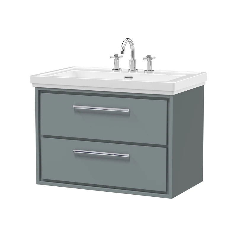 Lille 800mm Wall Hung 2 Drawer Vanity Unit & Traditional Fireclay Basin With 3 Tap Holes - Coastal Grey Matt