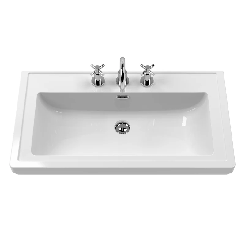 Lille 800mm Wall Hung 2 Drawer Vanity Unit & Traditional Fireclay Basin With 3 Tap Holes - Coastal Grey Matt