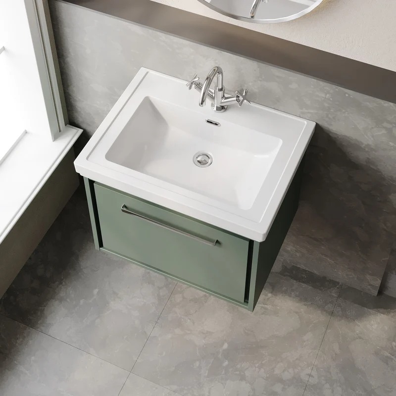 Lille 600mm Wall Hung 1 Drawer Vanity Unit & Traditional Fireclay Basin With 1 Tap Hole - Fern Green Matt