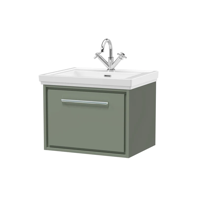Lille 600mm Wall Hung 1 Drawer Vanity Unit & Traditional Fireclay Basin With 1 Tap Hole - Fern Green Matt