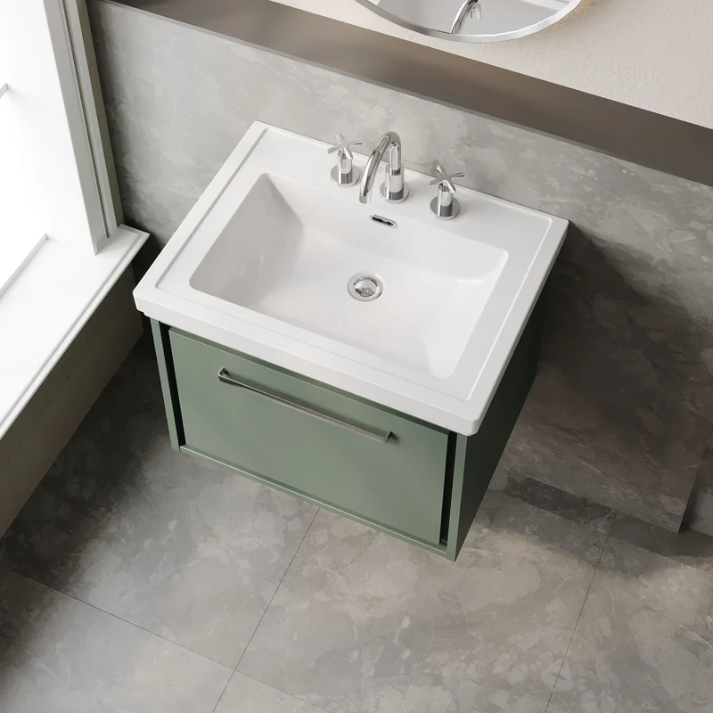 Lille 600mm Wall Hung 1 Drawer Vanity Unit & Traditional Fireclay Basin With 3 Tap Holes - Fern Green Matt