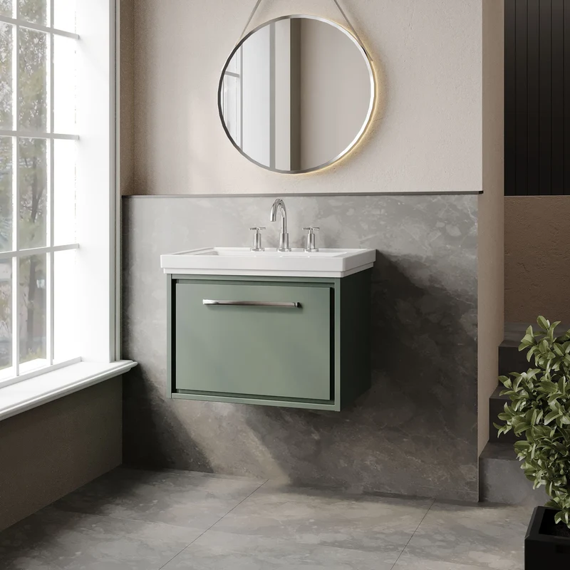 Lille 600mm Wall Hung 1 Drawer Vanity Unit & Traditional Fireclay Basin With 3 Tap Holes - Fern Green Matt