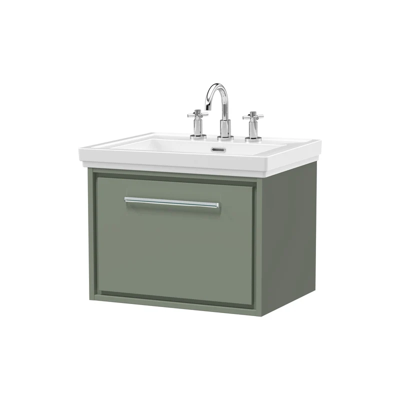 Lille 600mm Wall Hung 1 Drawer Vanity Unit & Traditional Fireclay Basin With 3 Tap Holes - Fern Green Matt