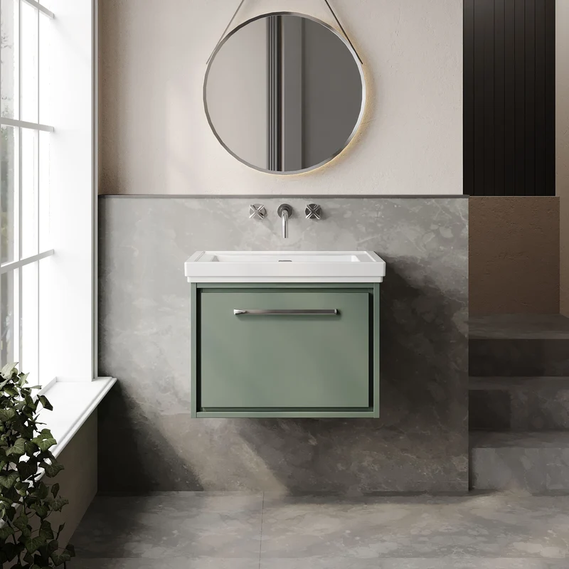 Lille 600mm Wall Hung 1 Drawer Vanity Unit & Traditional Fireclay Basin With No Tap Holes - Fern Green Matt