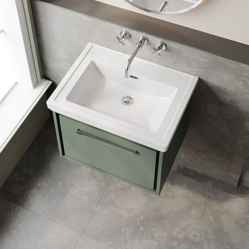 Lille 600mm Wall Hung 1 Drawer Vanity Unit & Traditional Fireclay Basin With No Tap Holes - Fern Green Matt