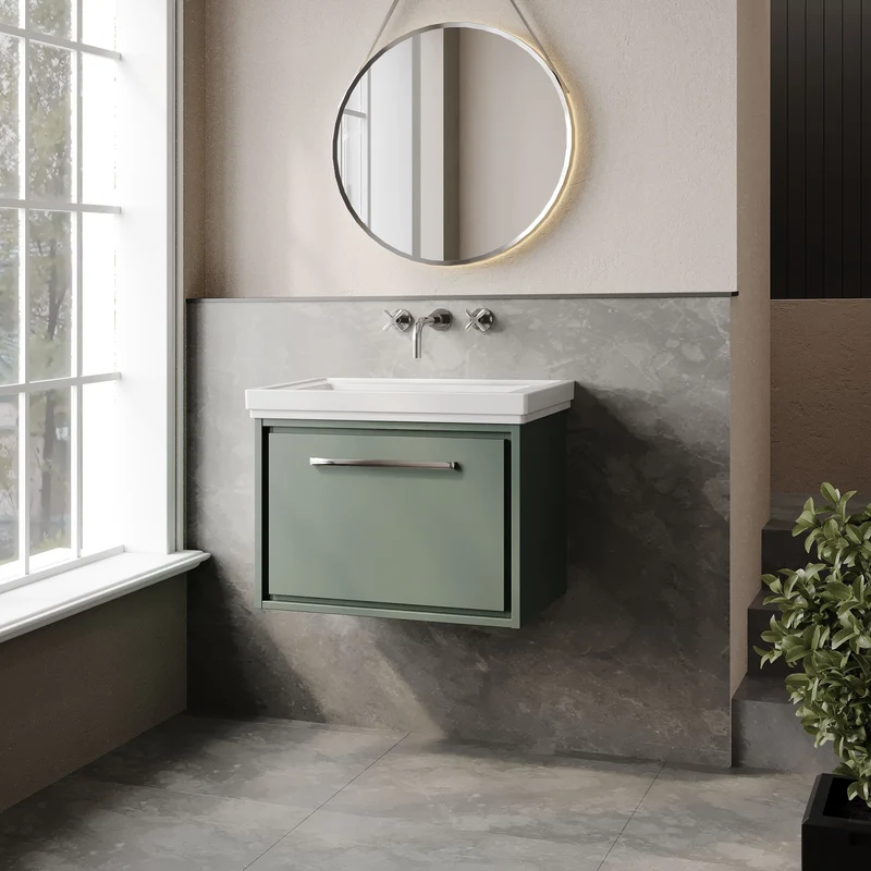 Lille 600mm Wall Hung 1 Drawer Vanity Unit & Traditional Fireclay Basin With No Tap Holes - Fern Green Matt