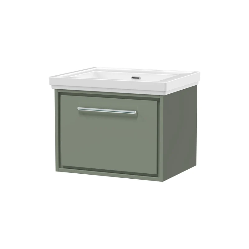Lille 600mm Wall Hung 1 Drawer Vanity Unit & Traditional Fireclay Basin With No Tap Holes - Fern Green Matt