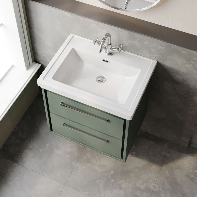 Lille 600mm Wall Hung 2 Drawer Vanity Unit & Traditional Fireclay Basin With 1 Tap Hole - Fern Green Matt