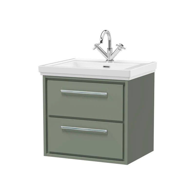 Lille 600mm Wall Hung 2 Drawer Vanity Unit & Traditional Fireclay Basin With 1 Tap Hole - Fern Green Matt