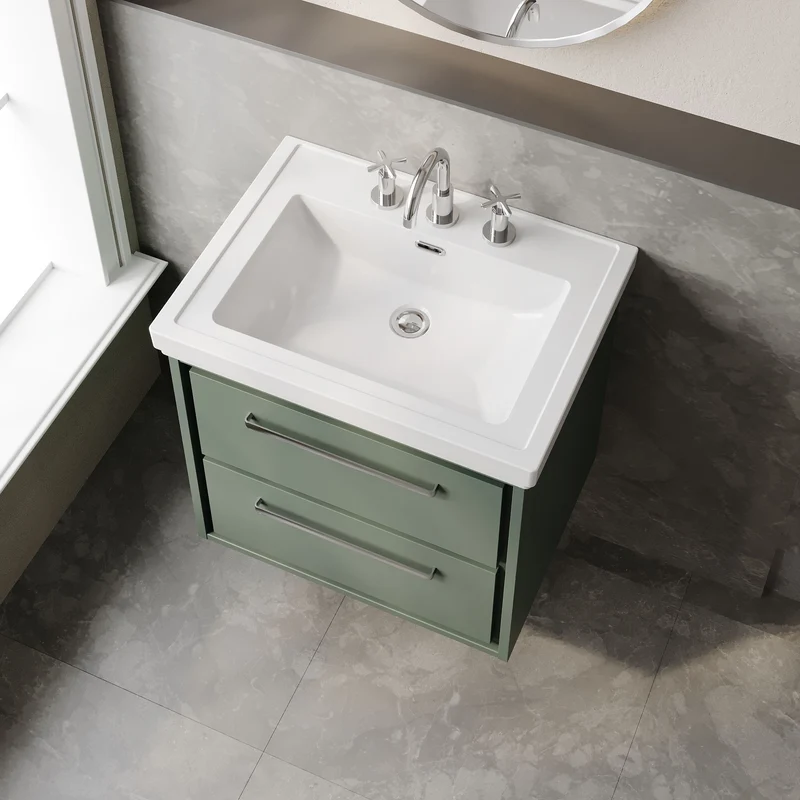 Lille 600mm Wall Hung 2 Drawer Vanity Unit & Traditional Fireclay Basin With 3 Tap Holes - Fern Green Matt
