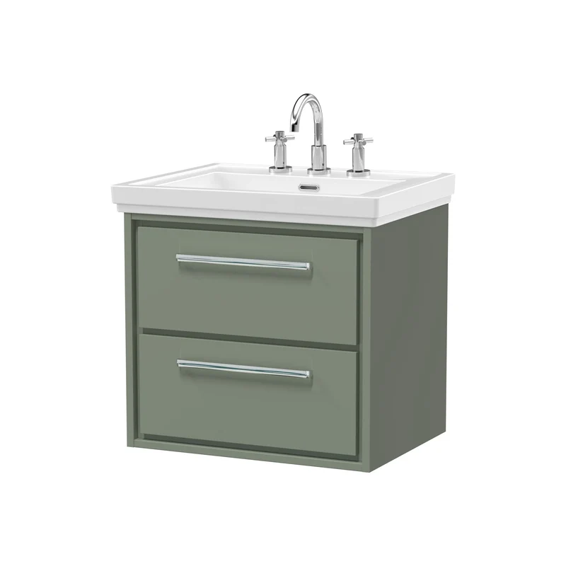 Lille 600mm Wall Hung 2 Drawer Vanity Unit & Traditional Fireclay Basin With 3 Tap Holes - Fern Green Matt