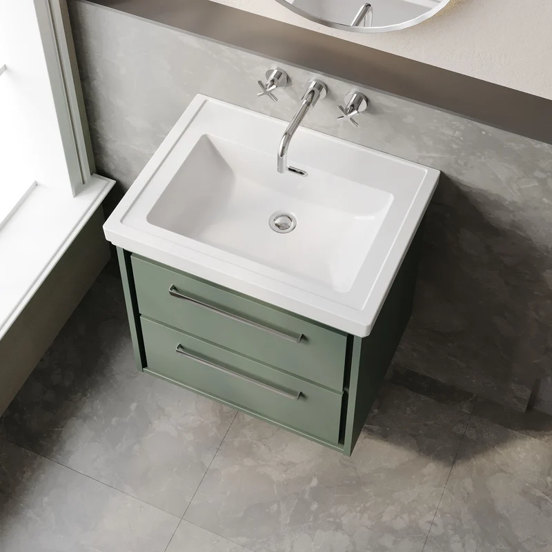 Lille 600mm Wall Hung 2 Drawer Vanity Unit & Traditional Fireclay Basin With No Tap Holes - Fern Green Matt