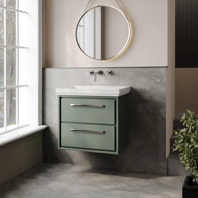Lille 600mm Wall Hung 2 Drawer Vanity Unit & Traditional Fireclay Basin With No Tap Holes - Fern Green Matt