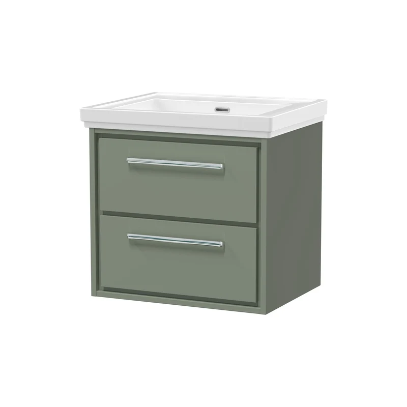 Lille 600mm Wall Hung 2 Drawer Vanity Unit & Traditional Fireclay Basin With No Tap Holes - Fern Green Matt