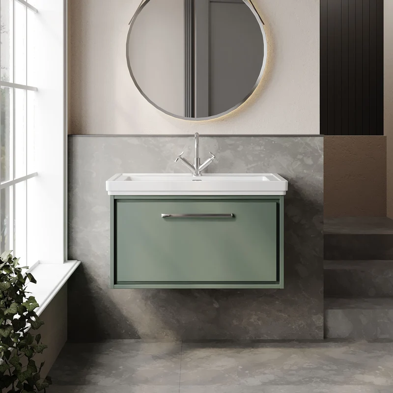 Lille 800mm Wall Hung 1 Drawer Vanity Unit & Traditional Fireclay Basin With 1 Tap Hole - Fern Green Matt