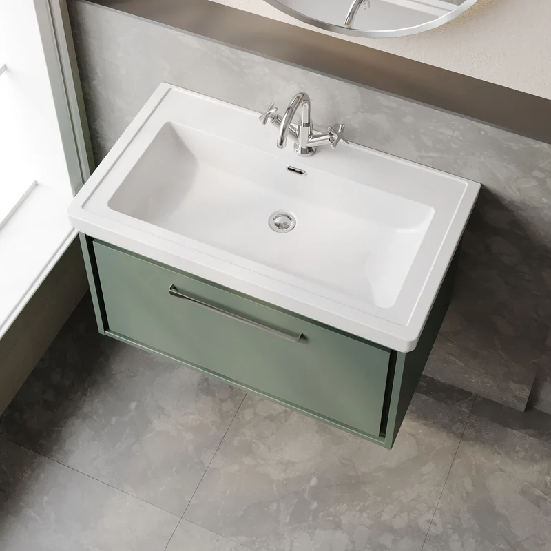 Lille 800mm Wall Hung 1 Drawer Vanity Unit & Traditional Fireclay Basin With 1 Tap Hole - Fern Green Matt