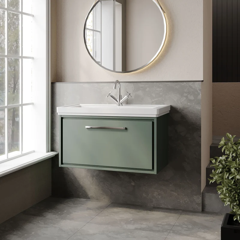 Lille 800mm Wall Hung 1 Drawer Vanity Unit & Traditional Fireclay Basin With 1 Tap Hole - Fern Green Matt