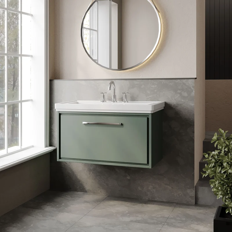 Lille 800mm Wall Hung 1 Drawer Vanity Unit & Traditional Fireclay Basin With 3 Tap Holes - Fern Green Matt