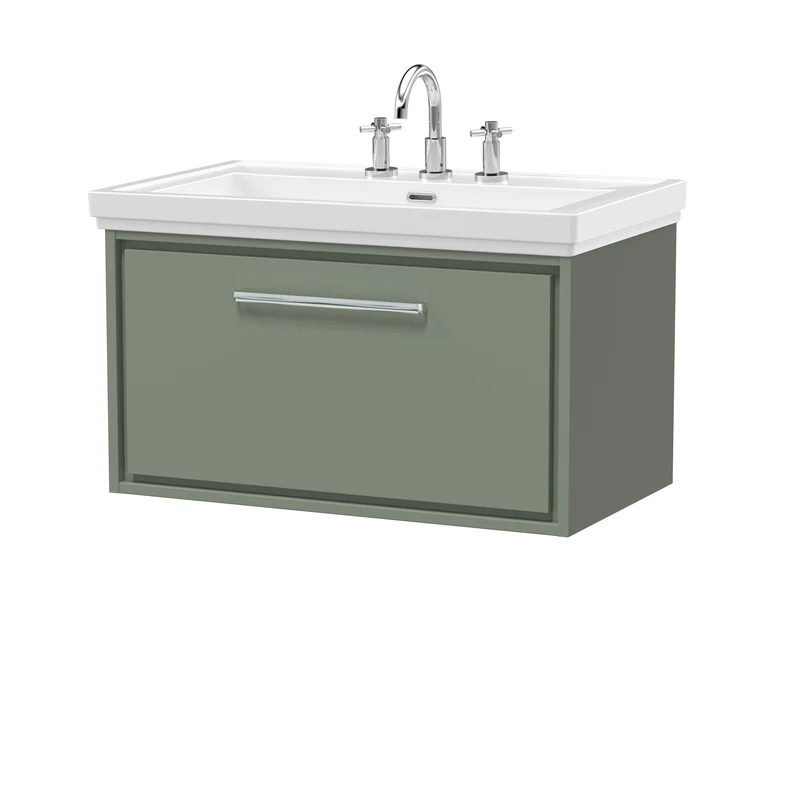 Lille 800mm Wall Hung 1 Drawer Vanity Unit & Traditional Fireclay Basin With 3 Tap Holes - Fern Green Matt
