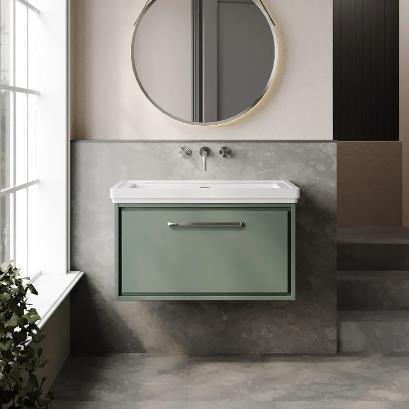Lille 800mm Wall Hung 1 Drawer Vanity Unit & Traditional Fireclay Basin With No Tap Holes - Fern Green Matt
