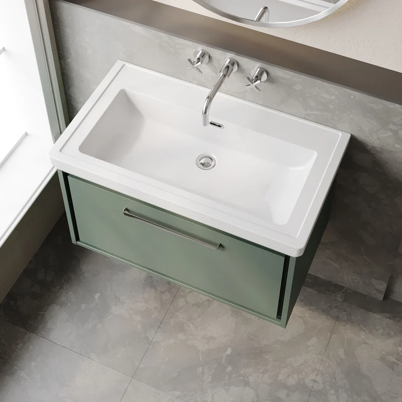 Lille 800mm Wall Hung 1 Drawer Vanity Unit & Traditional Fireclay Basin With No Tap Holes - Fern Green Matt