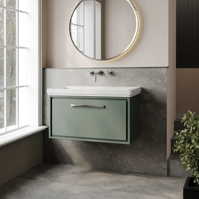 Lille 800mm Wall Hung 1 Drawer Vanity Unit & Traditional Fireclay Basin With No Tap Holes - Fern Green Matt