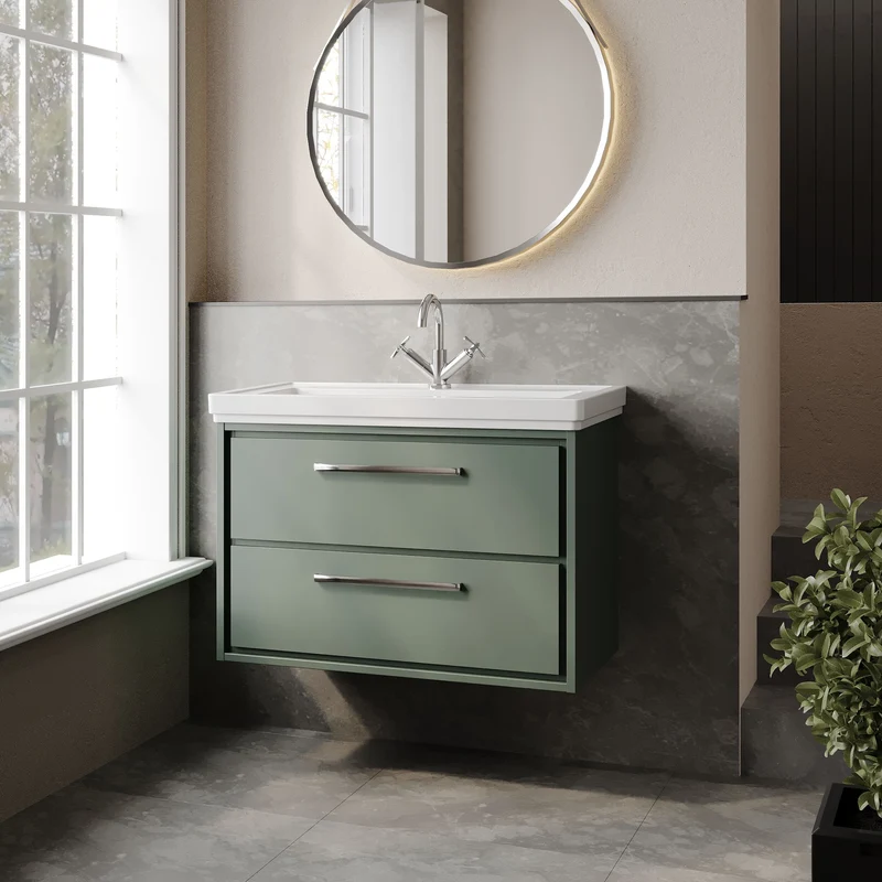 Lille 800mm Wall Hung 2 Drawer Vanity Unit & Traditional Fireclay Basin With 1 Tap Hole - Fern Green Matt