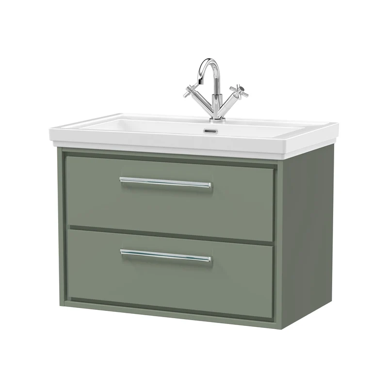 Lille 800mm Wall Hung 2 Drawer Vanity Unit & Traditional Fireclay Basin With 1 Tap Hole - Fern Green Matt