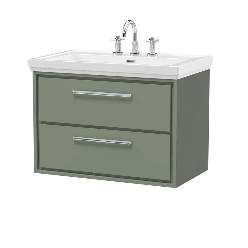 Lille 800mm Wall Hung 2 Drawer Vanity Unit & Traditional Fireclay Basin With 3 Tap Holes - Fern Green Matt