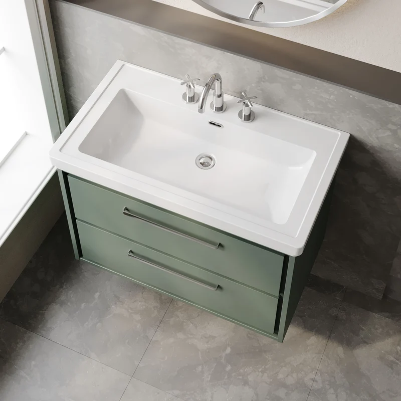 Lille 800mm Wall Hung 2 Drawer Vanity Unit & Traditional Fireclay Basin With 3 Tap Holes - Fern Green Matt