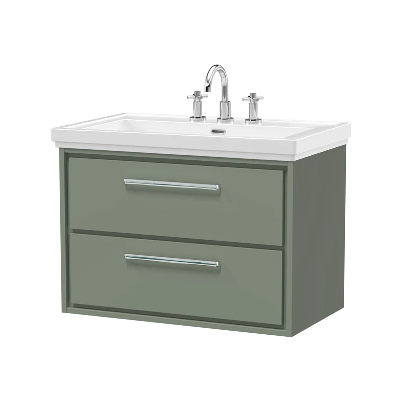 Lille 800mm Wall Hung 2 Drawer Vanity Unit & Traditional Fireclay Basin With 3 Tap Holes - Fern Green Matt