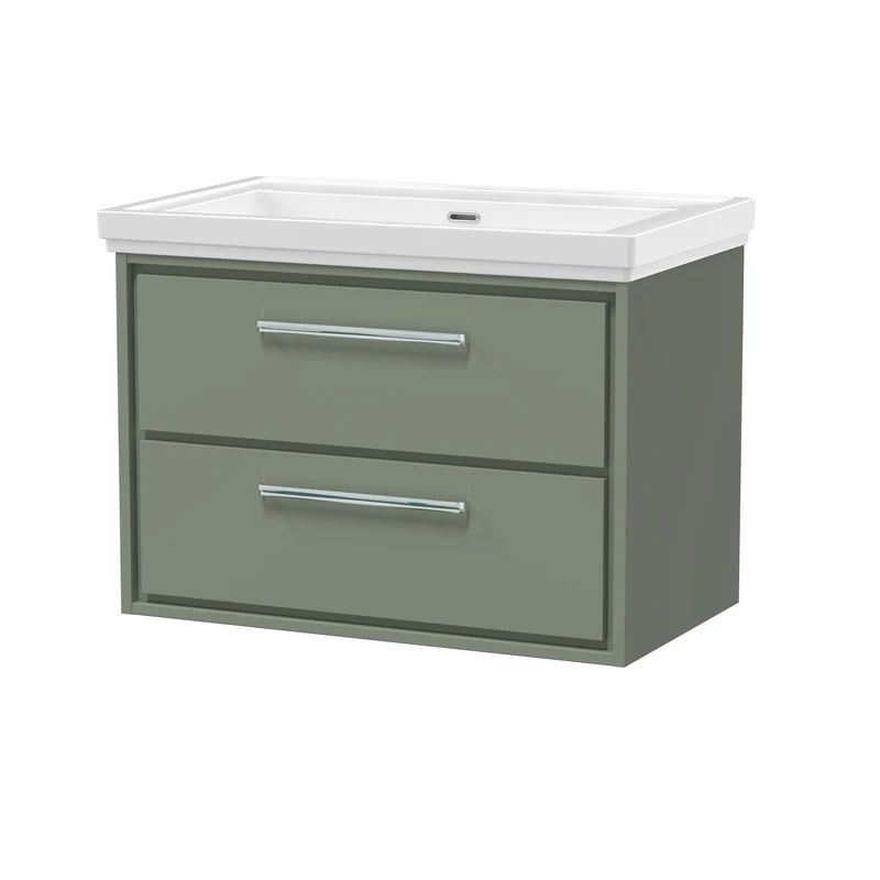 Lille 800mm Wall Hung 2 Drawer Vanity Unit & Traditional Fireclay Basin With No Tap Holes - Fern Green Matt