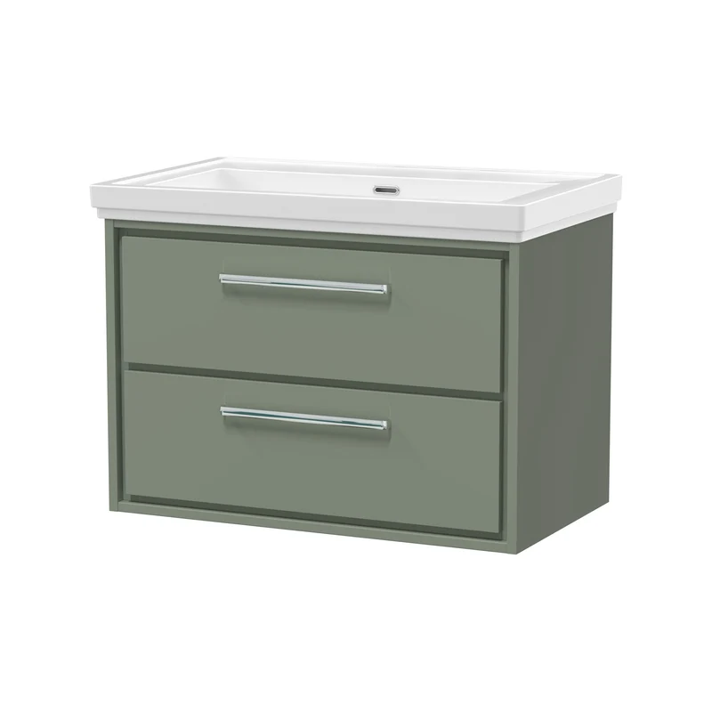 Lille 800mm Wall Hung 2 Drawer Vanity Unit & Traditional Fireclay Basin With No Tap Holes - Fern Green Matt
