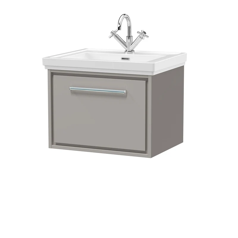 Lille 600mm Wall Hung 1 Drawer Vanity Unit & Traditional Fireclay Basin With 1 Tap Hole - Pebble Grey Matt