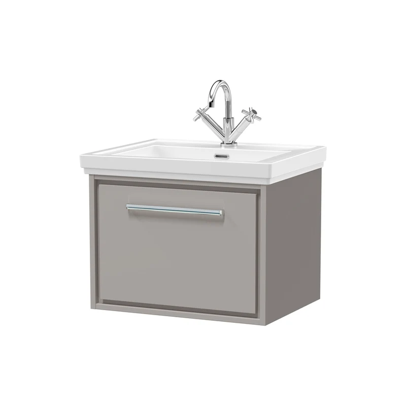 Lille 600mm Wall Hung 1 Drawer Vanity Unit & Traditional Fireclay Basin With 1 Tap Hole - Pebble Grey Matt